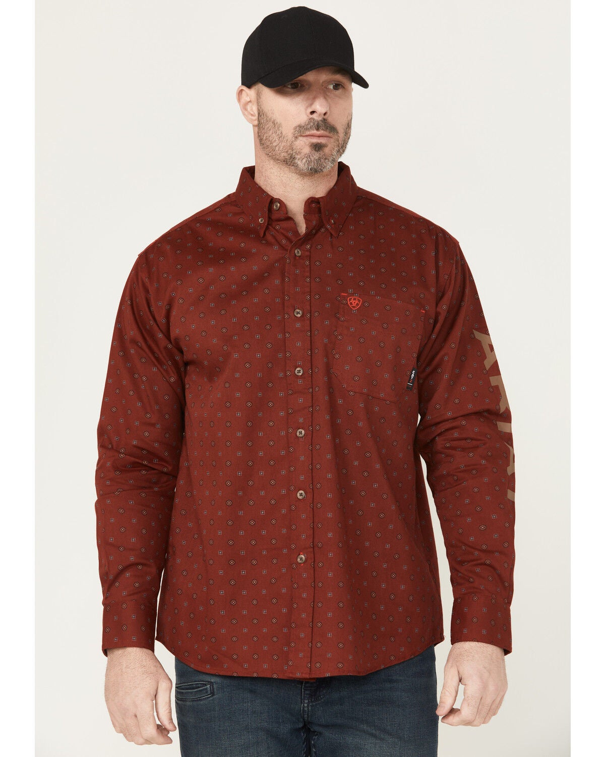 Ariat Men's FR Connery Printed Long Sleeve Button-Down Work Shirt, Brown, hi-res