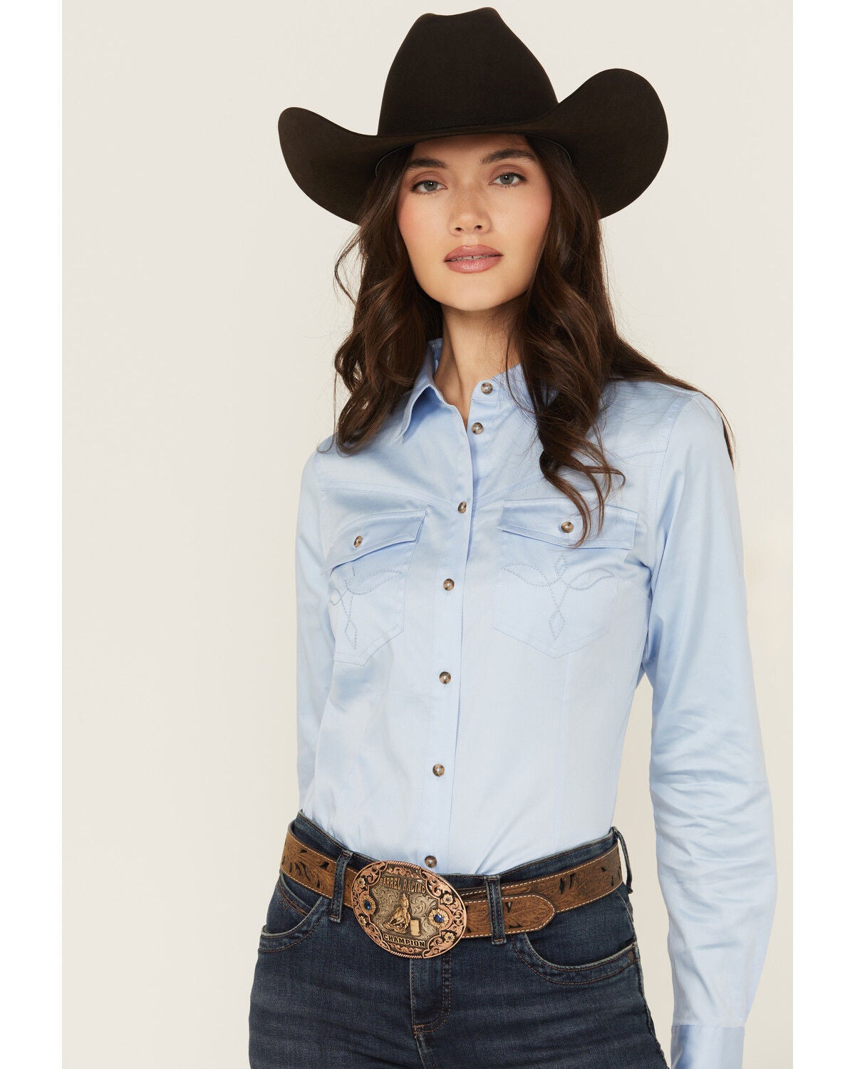 Shyanne Women's Solid Long Sleeve Button-Down Stretch Riding Shirt, Light Blue, hi-res