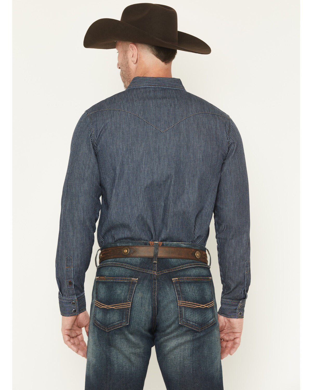 Image #4 - Blue Ranchwear Men's Dark Wash Railroad Striped Print Long Sleeve Snap Western Shirt, Dark Wash, hi-res
