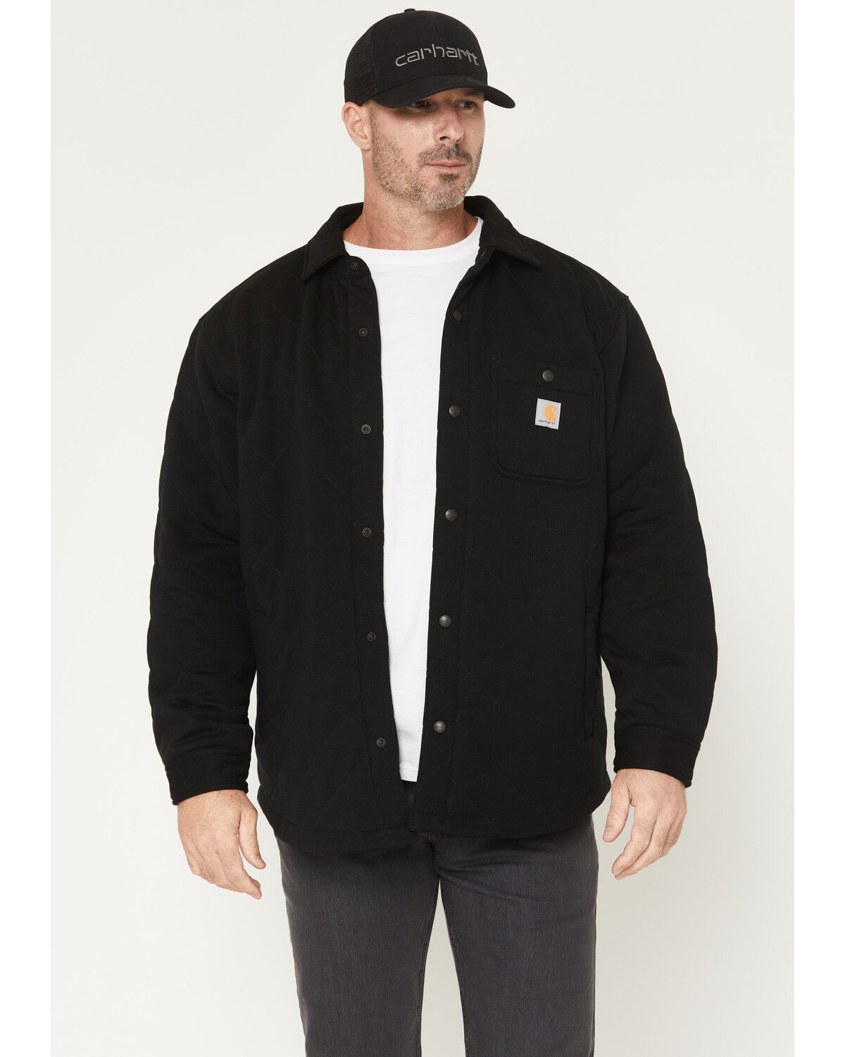 Image #1 - Carhartt Men's Rain Defender® Loose Fit Heavyweight Quilted Snap Front Shirt Jacket, Black, hi-res