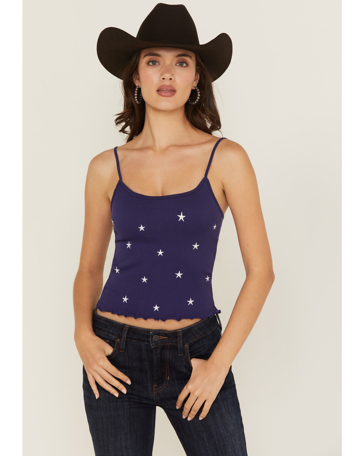 Fornia Women's Star Embroidered Sleeveless Cropped Tank Top, Navy, hi-res