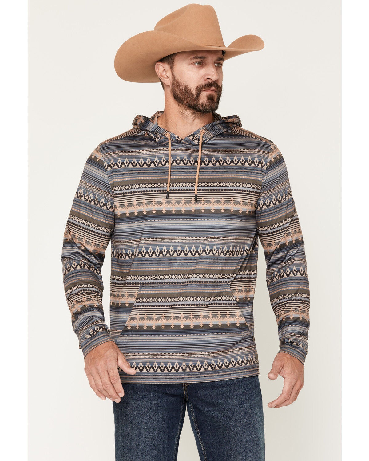 RANK 45&reg; Men's Stone Mesa Southwestern Print Tech Hooded Long Sleeve Shirt, Grey, hi-res