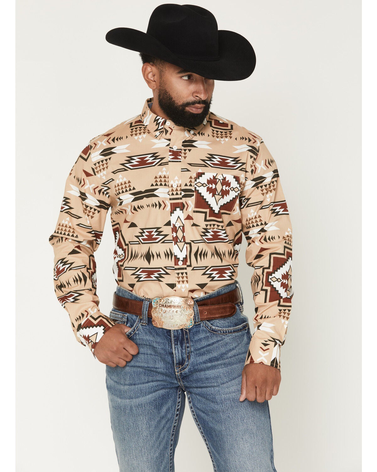 Image #1 - RANK 45&reg; Men's Fire Signal Southwestern Long Sleeve Button-Down Stretch Western Shirt, Tan, hi-res