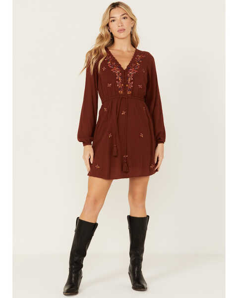Idyllwind Women's Amherst Embroidered Dress, Mahogany, hi-res