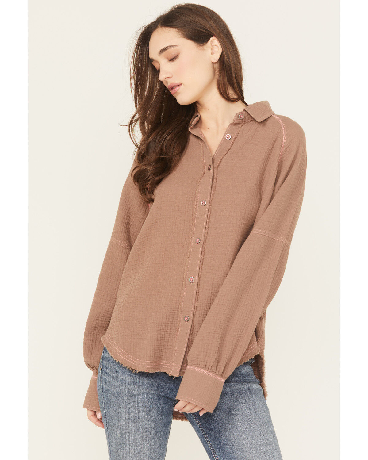 Cleo + Wolf Women's Oversized Long Sleeve Button-Down Gauze Western Shirt, Taupe, hi-res
