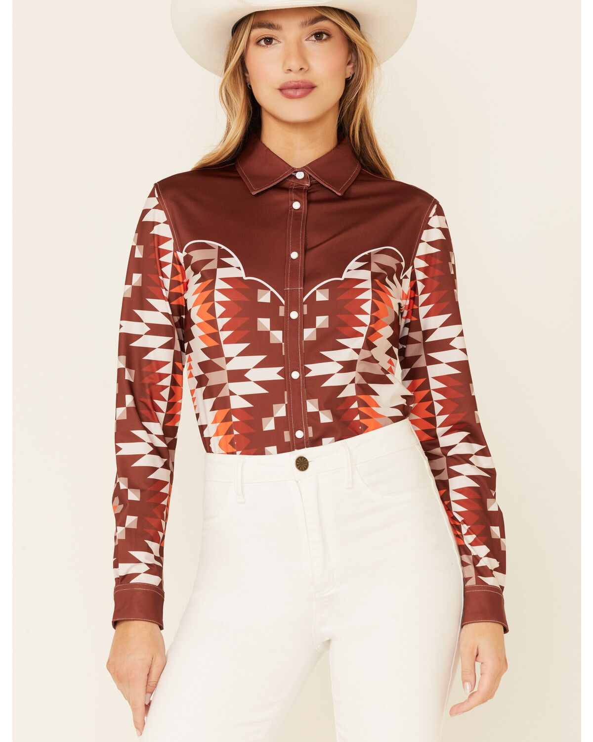 Image #1 - Ranch Dress'n Women's Southwestern Bandera Print Long Sleeve Snap Western Shirt, Rust Copper, hi-res