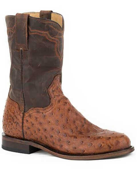 Stetson Men's Puncher Burnished Ostrich Vamp Exotic Western Roper Boots - Round Toe , Brown, hi-res