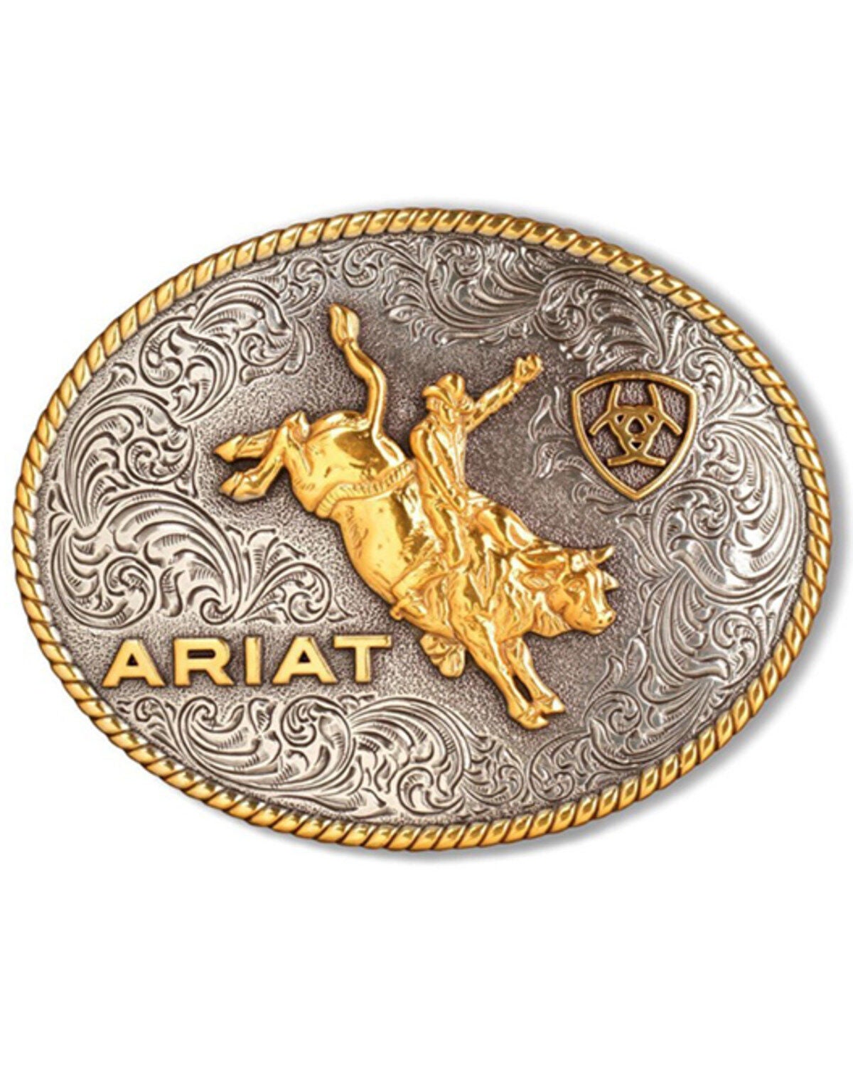 Ariat Men's Two-Toned Oval Roper Bullrider Buckle, Silver, hi-res