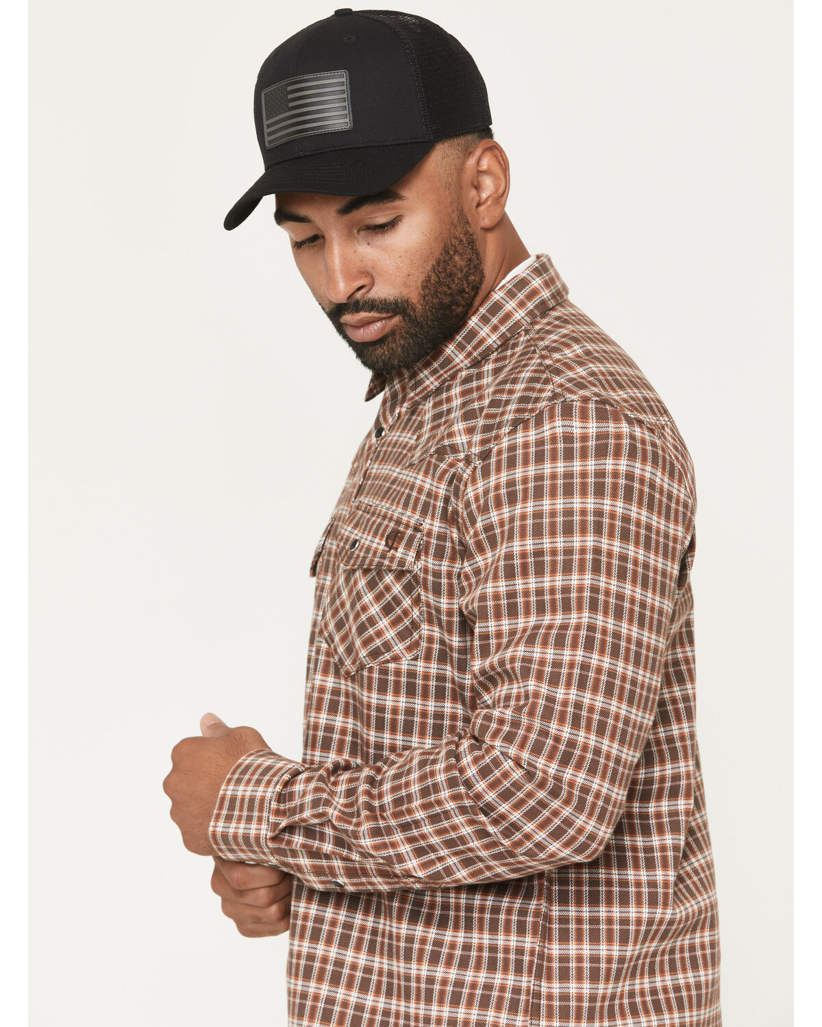 Image #2 - Cody James Men's FR Hondo Plaid Print Long Sleeve Snap Stretch Work Shirt, Dark Brown, hi-res
