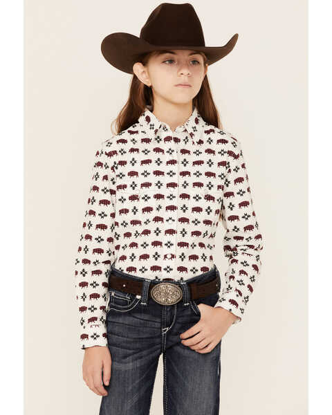 Rock & Roll Denim Girls' Southwestern Buffalo Print Pearl Snap Western Shirt, Natural, hi-res