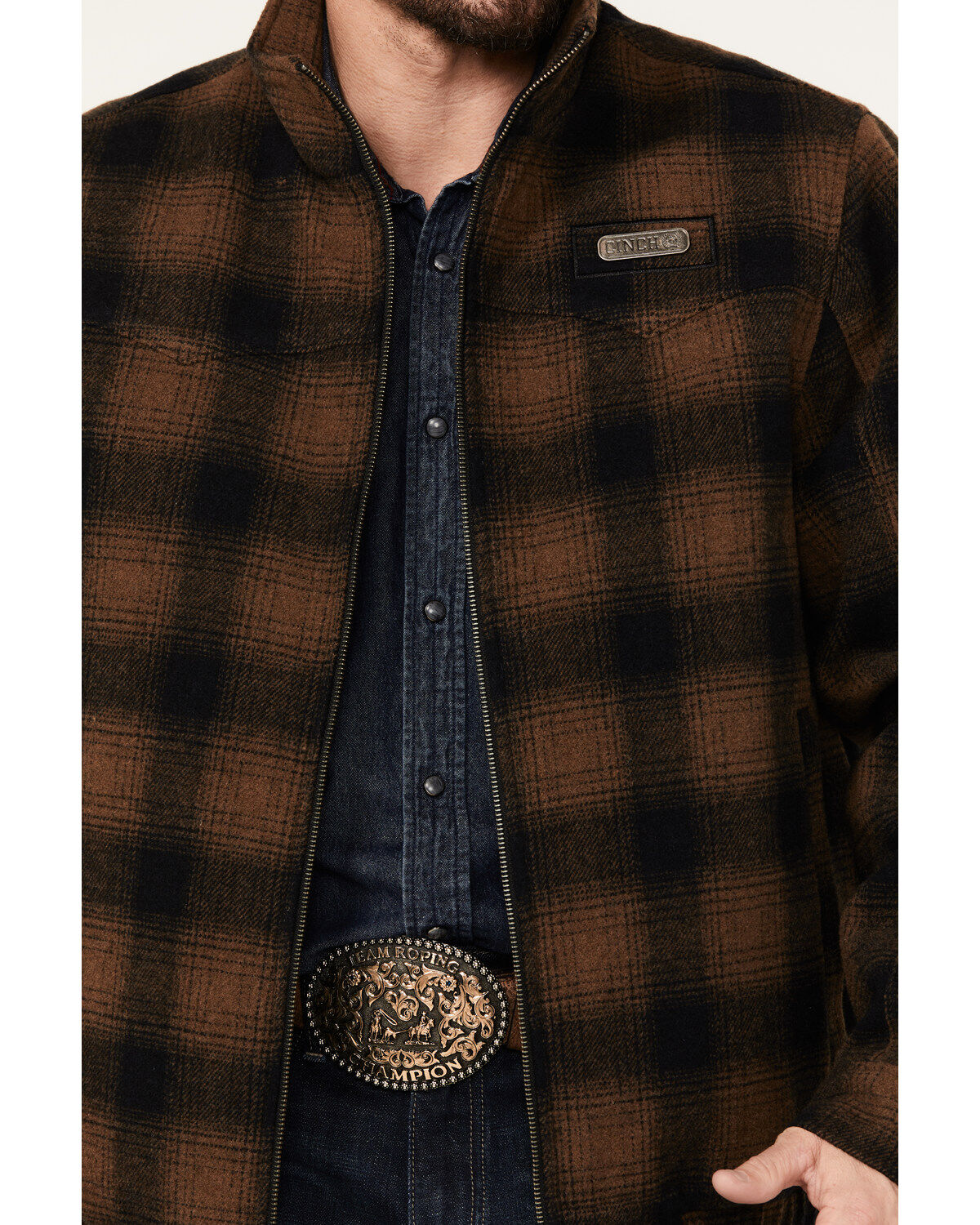 Image #3 - Cinch Men's Plaid Print Concealed Carry Zip Jacket, Brown, hi-res