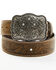 Shyanne Women's Floral Scroll Cross Buckle Belt, Dark Brown, hi-res