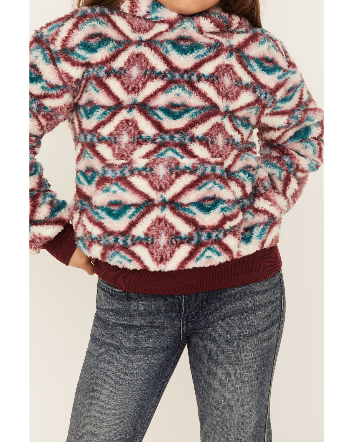 Image #3 - Shyanne Girls' Fuzzy Sherpa Southwestern Print Pullover, Ivory, hi-res
