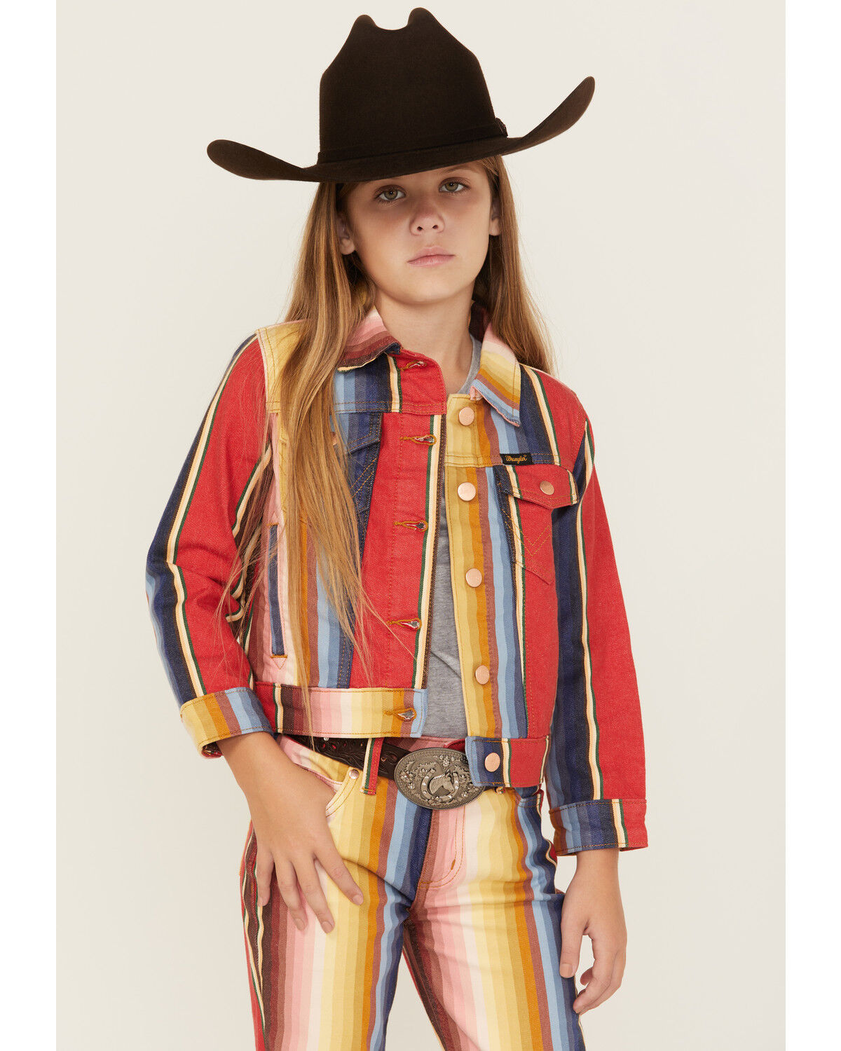 Image #1 - Wrangler X Lainey Wilson Girls' Rodeo Striped Trucker Jacket, Red, hi-res