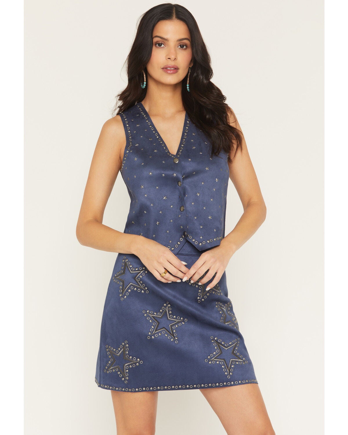Idyllwind Women's Morningside Star Studded Faux Suede Snap Vest, Dark Blue, hi-res
