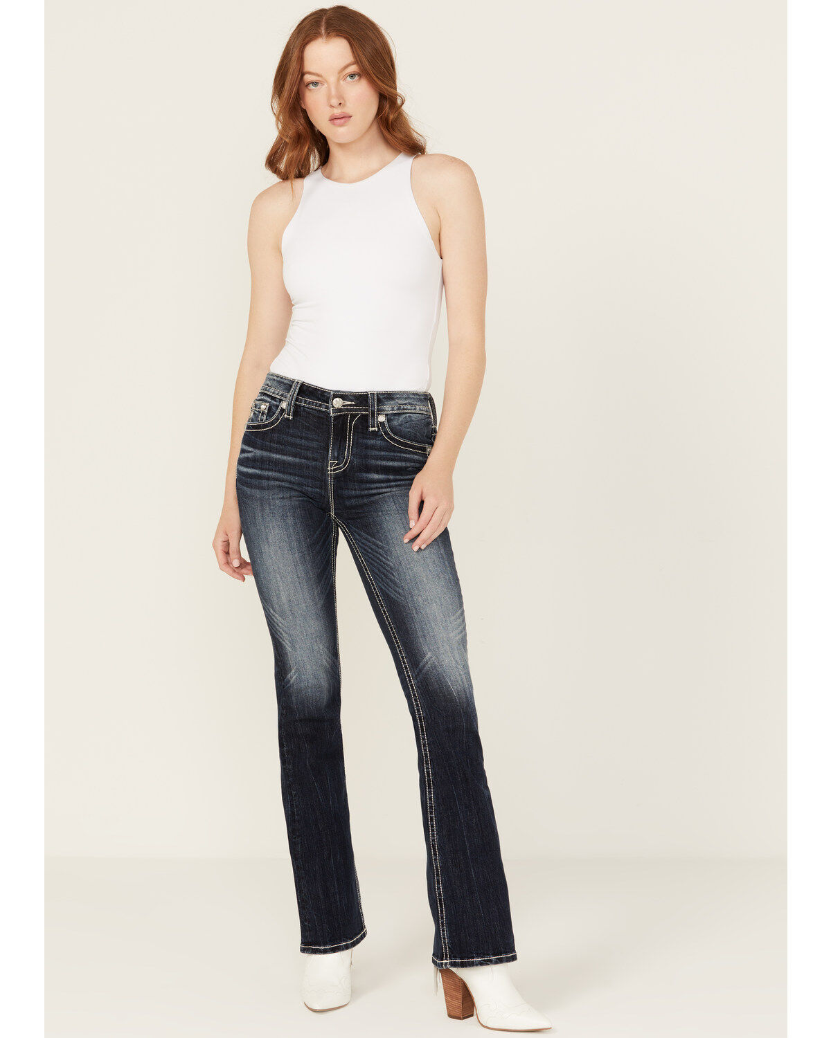 Image #3 - Miss Me Women's Medium Wash Mid Rise Cow Print Pocket Bootcut Stretch Denim Jeans, , hi-res
