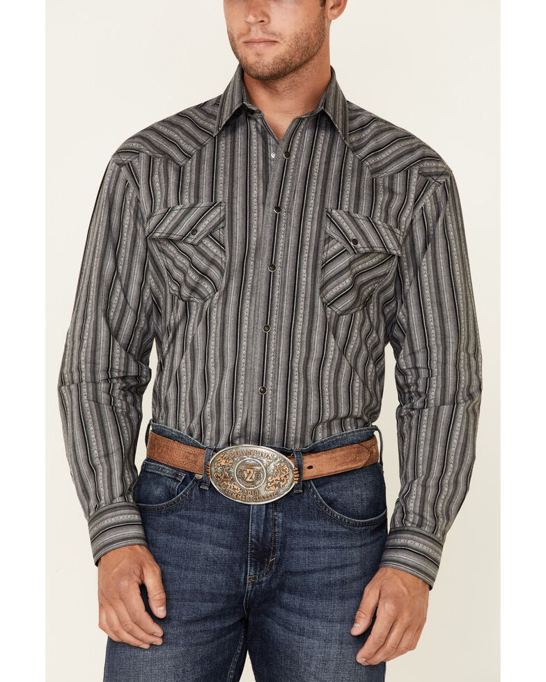 Rough Stock By Panhandle Men's Grey Ombre Stripe Long Sleeve Snap Western Shirt , Dark Grey, hi-res