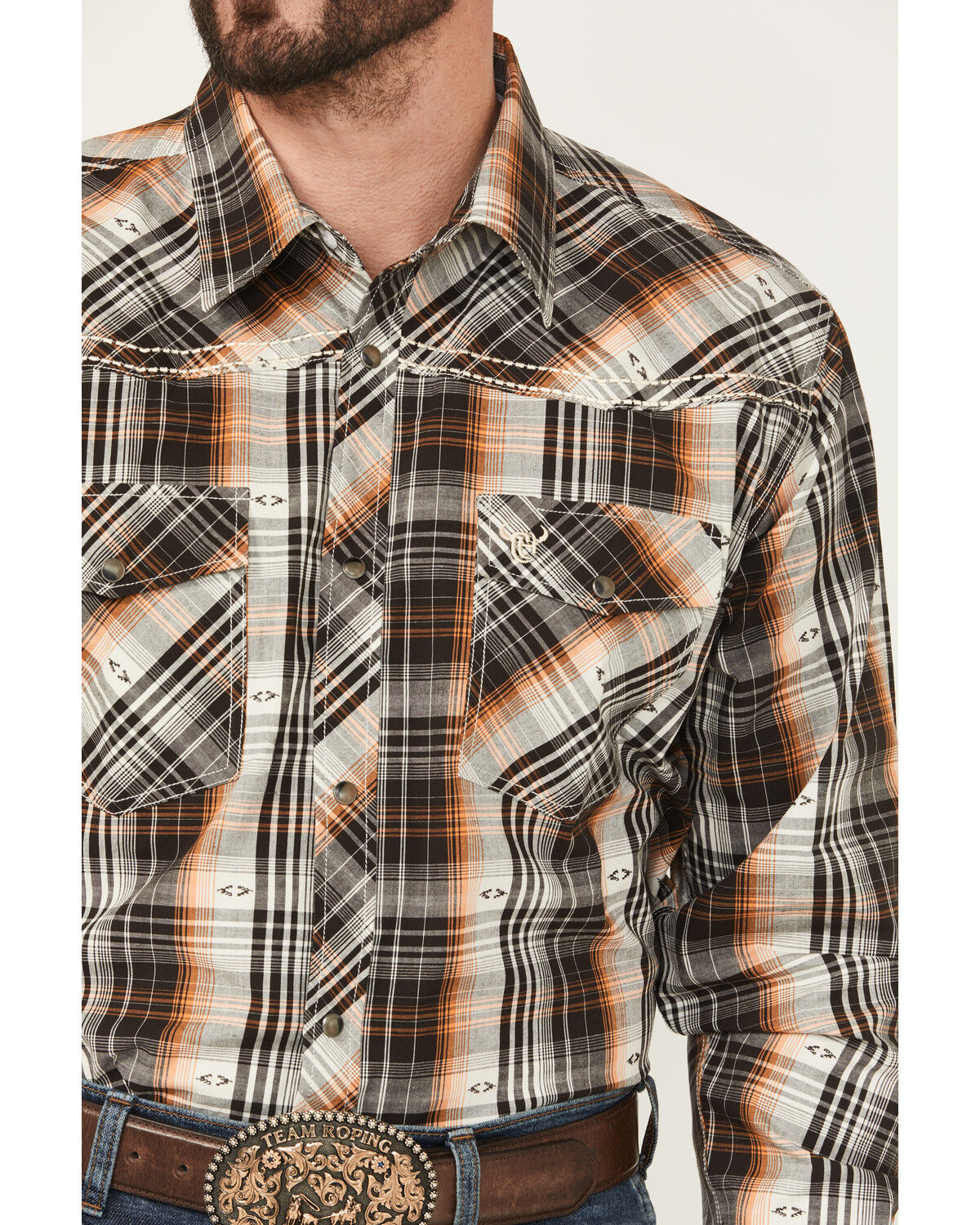 Image #3 - Cowboy Hardware Men's Plaid Print Long Sleeve Snap Stretch Western Shirt, Dark Brown, hi-res