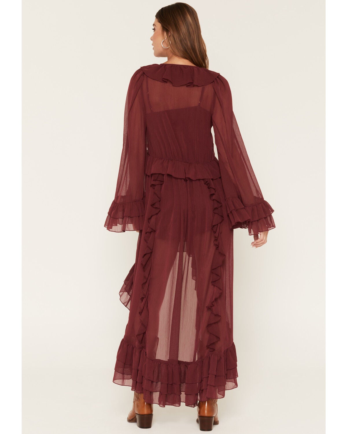Image #4 - Show Me Your Mumu Women's Shiloh Long Sleeve Ruffle High-Low Maxi Dress, Burgundy, hi-res