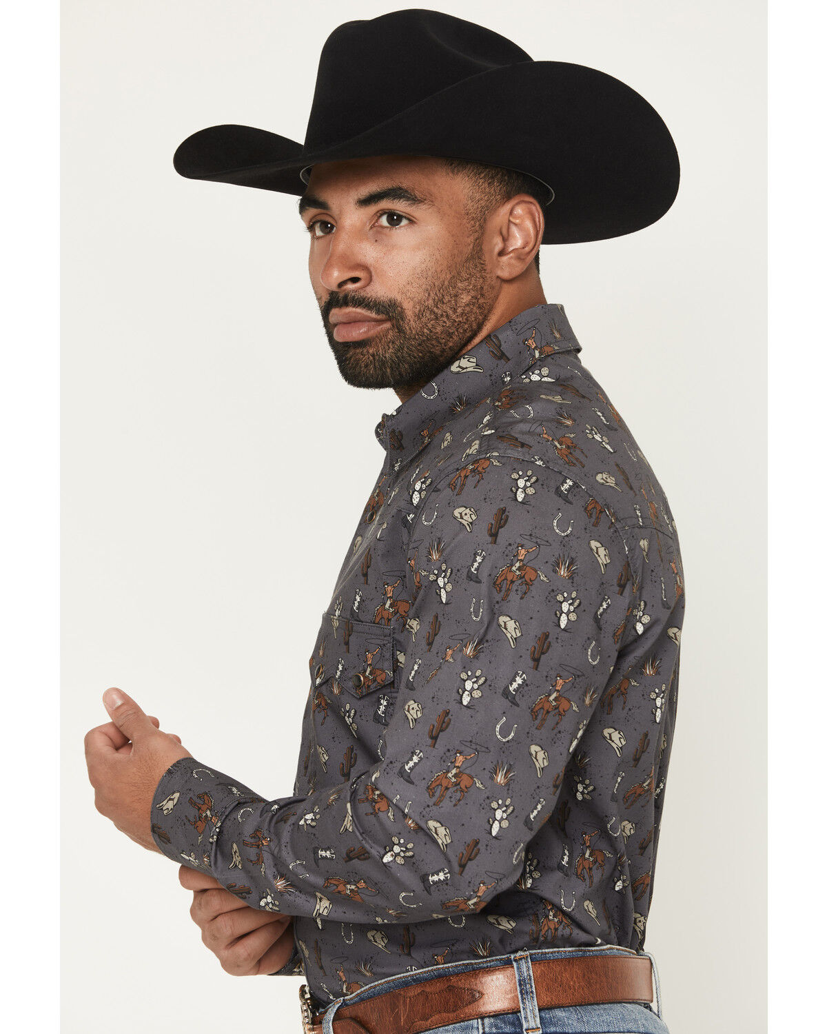 Image #2 - Rock & Roll Denim Men's Conversation Print Long Sleeve Snap Stretch Western Shirt, Charcoal, hi-res