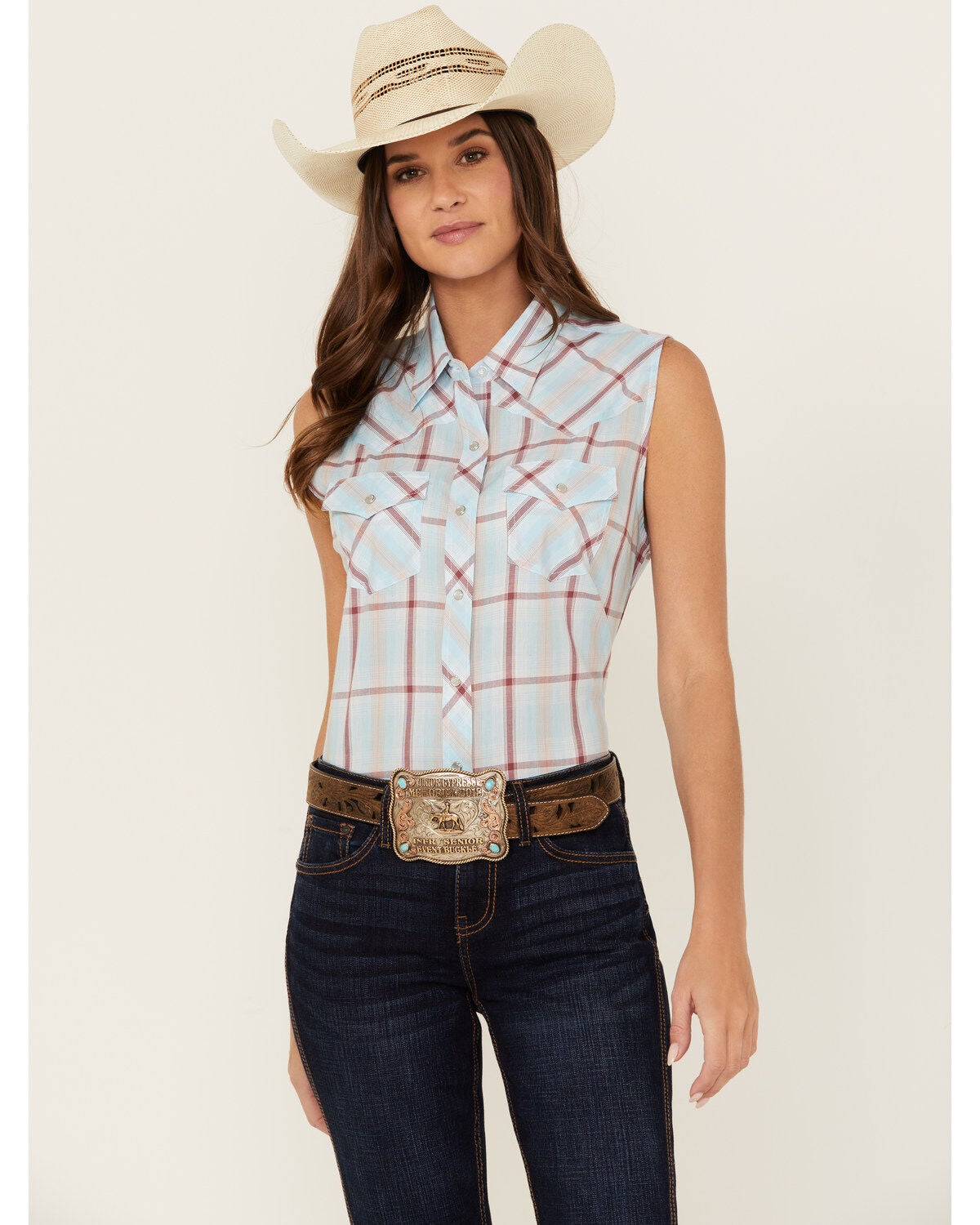 Ely Walker Women's Plaid Print Sleeveless Pearl Snap Western Shirt, Aqua, hi-res
