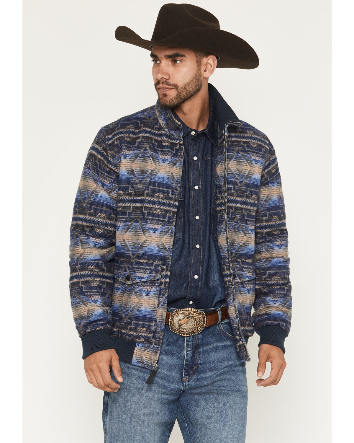 Image #1 - Rock & Roll Men's Southwestern Print Jacquard Bomber Jacket, Blue, hi-res