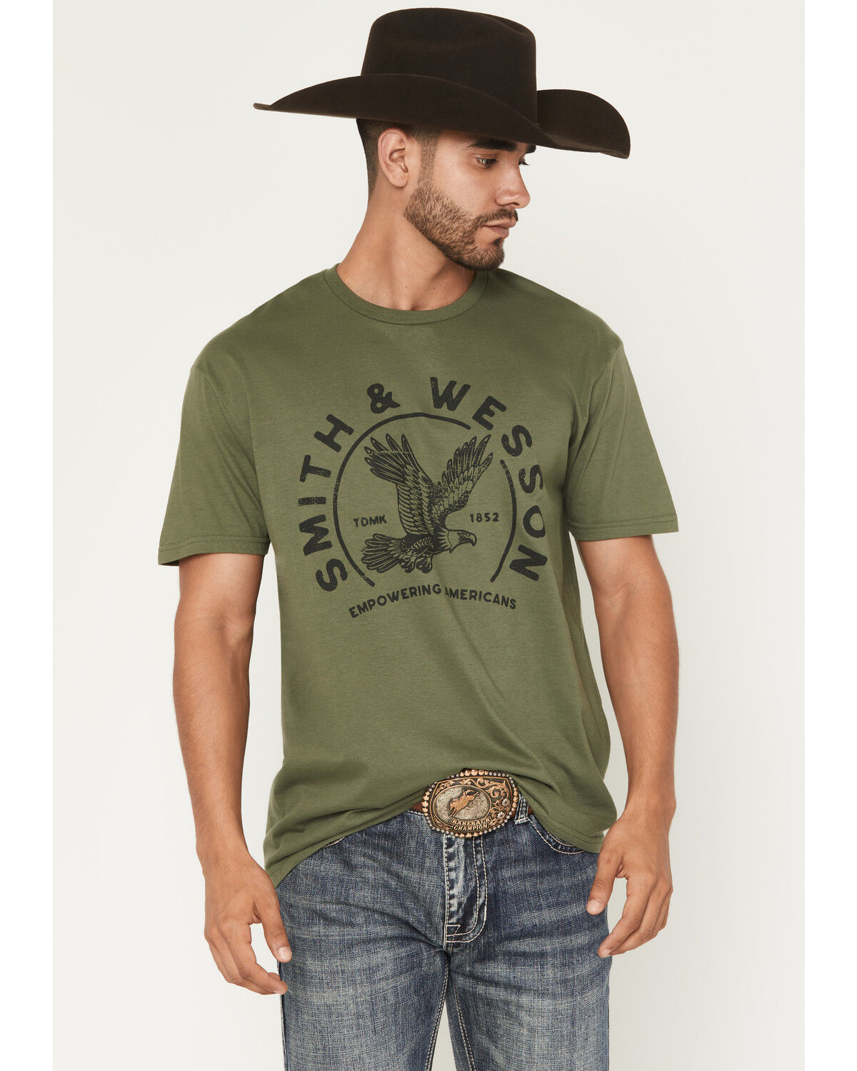 Image #1 - Smith & Wesson Men's Empowering Americans  Badge Short Sleeve Graphic T-Shirt, Olive, hi-res