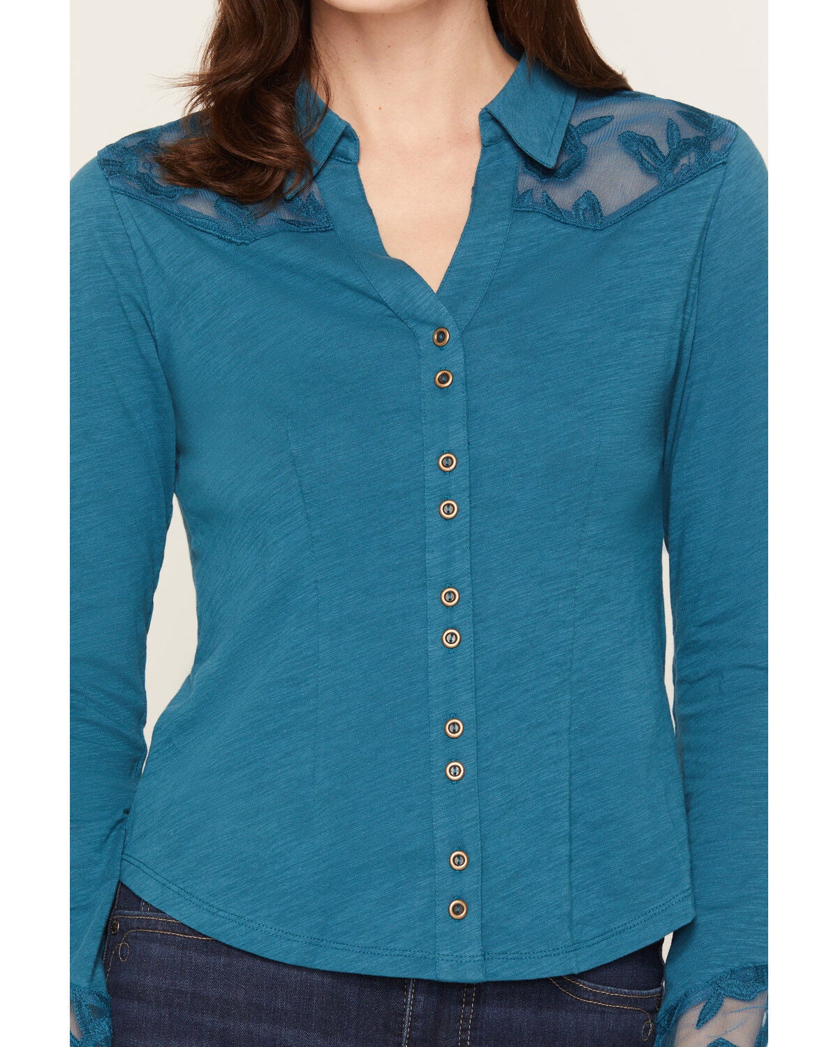 Image #3 - Shyanne Women's Rider Long Sleeve Knit Lace Yoke Button-Down Western Shirt, Teal, hi-res