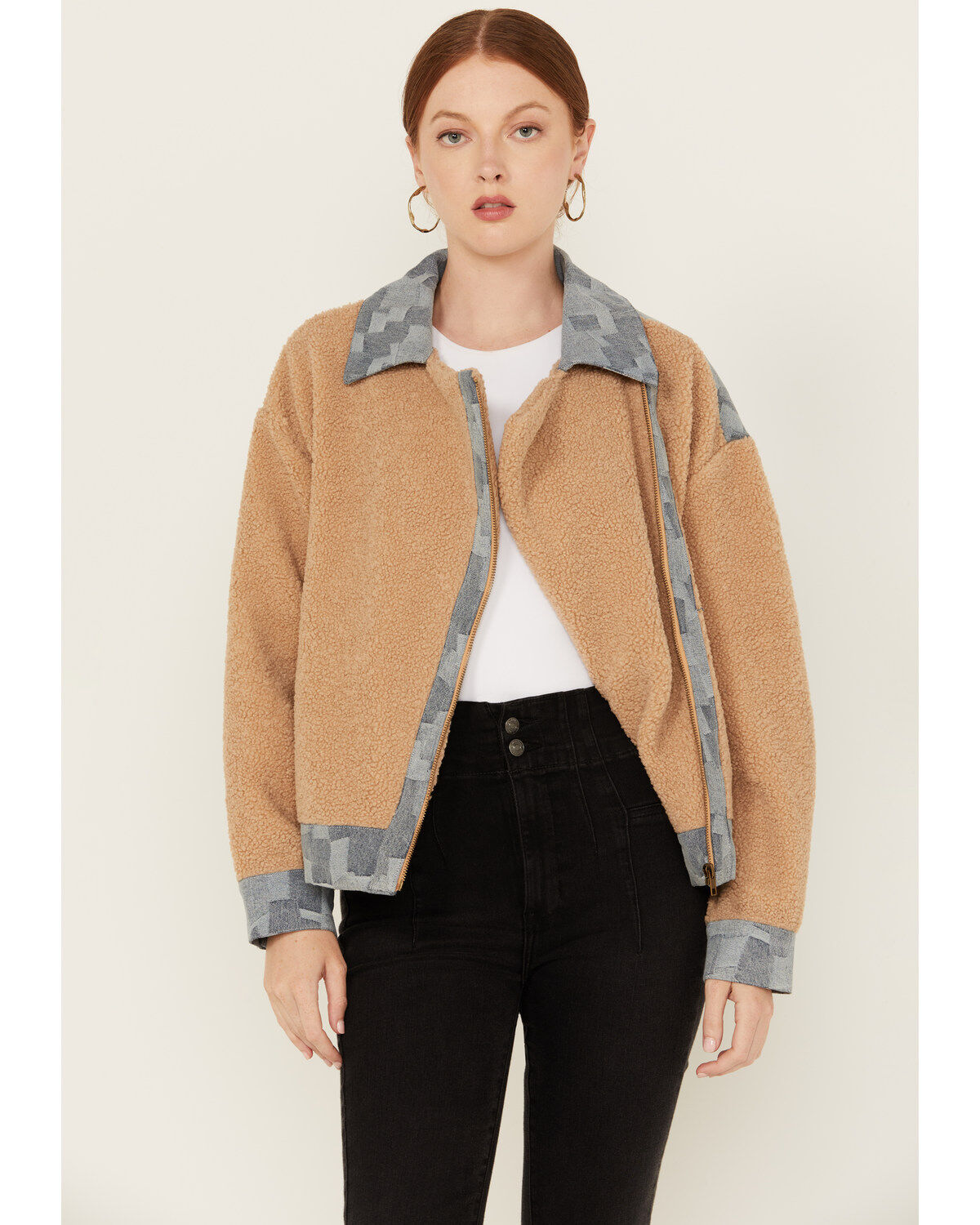 Miss Me Women's Fleece Moto Jacket, Lt Brown, hi-res