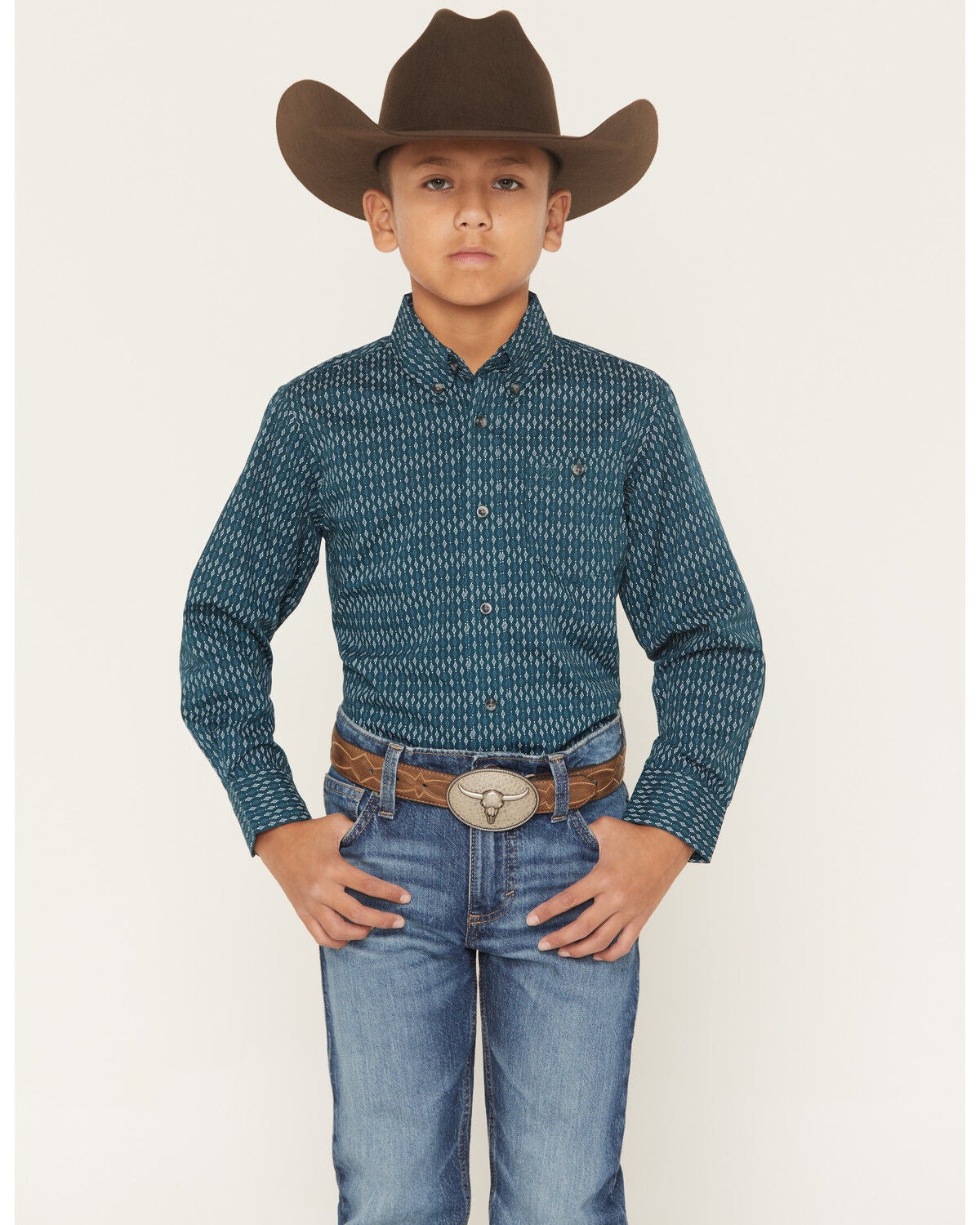 Wrangler Boys' Geo Print Long Sleeve Button-Down Western Shirt, Teal, hi-res