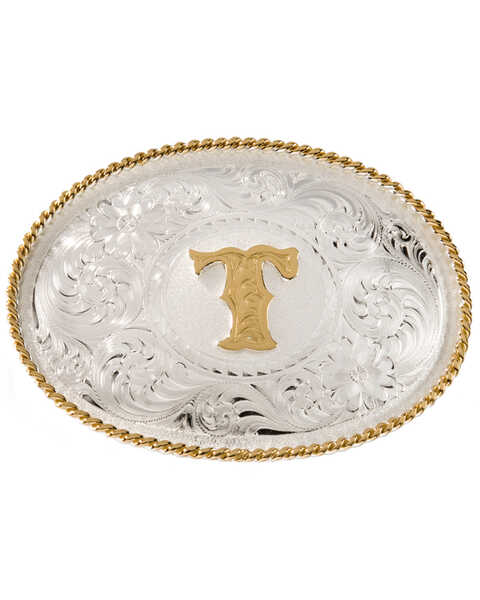 Montana Silversmiths Initial T Western Buckle, Silver, hi-res