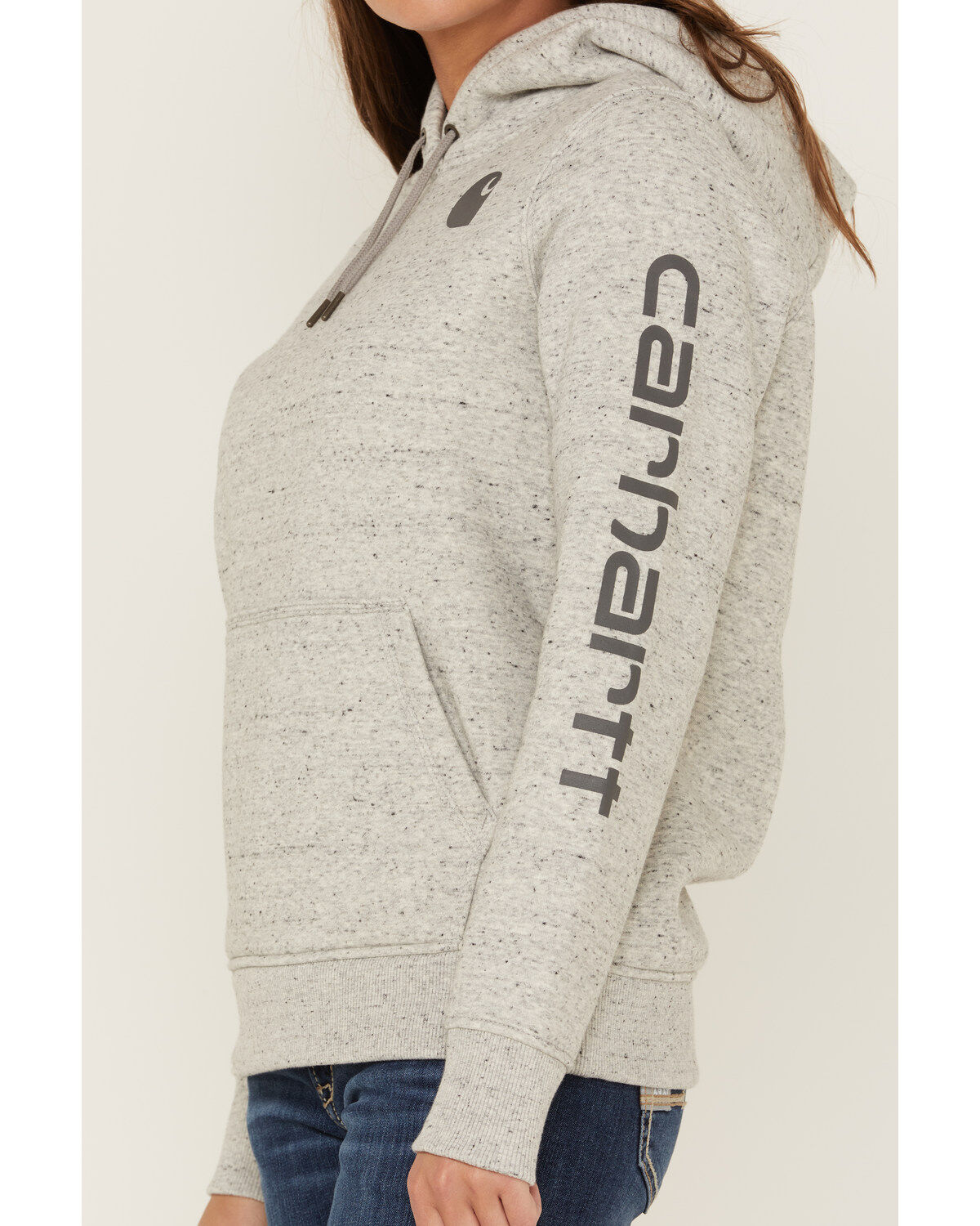 Image #2 - Carhartt Women's Clarksburg Sleeve Logo Hooded Sweatshirt, Heather Grey, hi-res