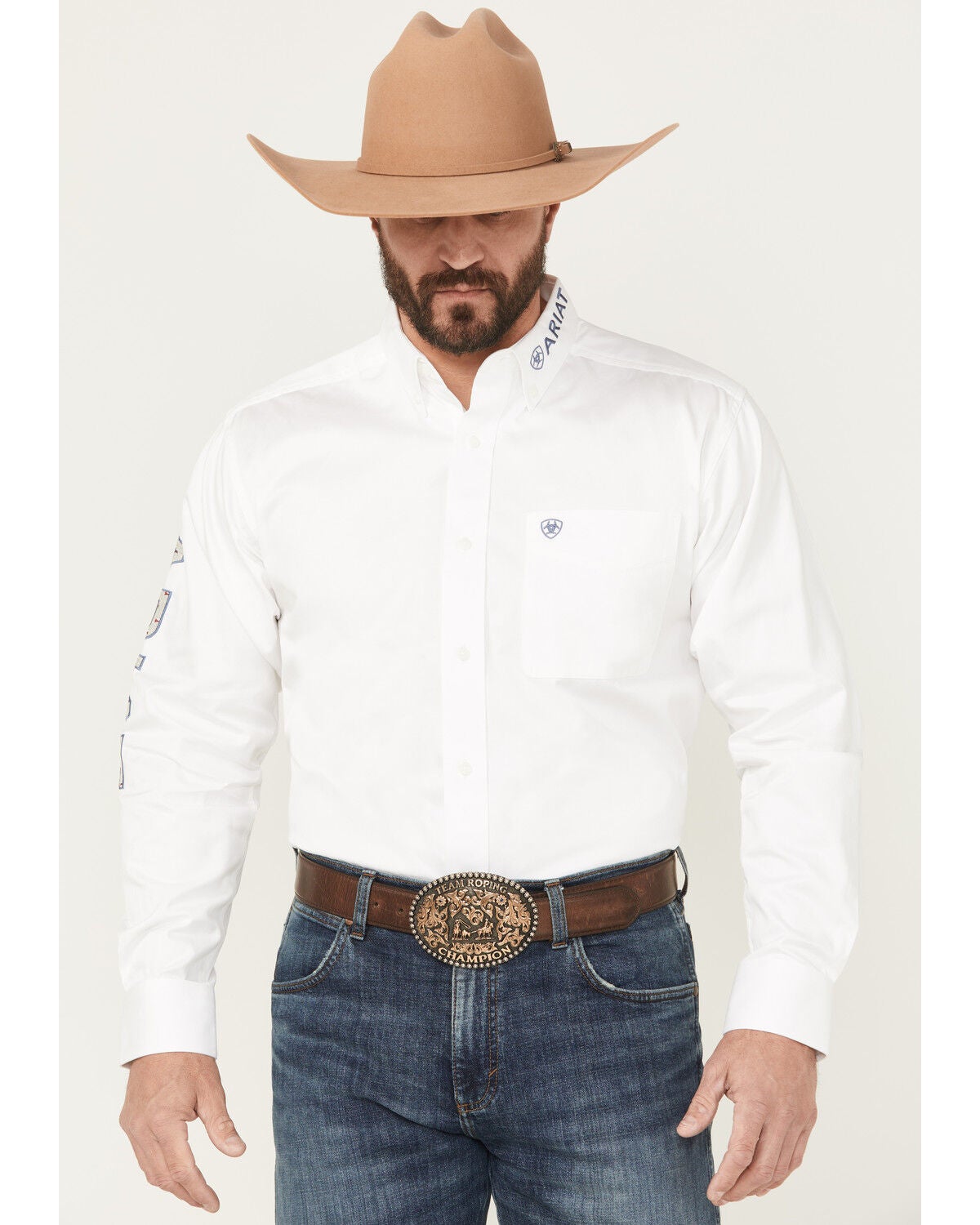 Ariat Men's Team Logo Solid Long Sleeve Button-Down Western Shirt, White, hi-res
