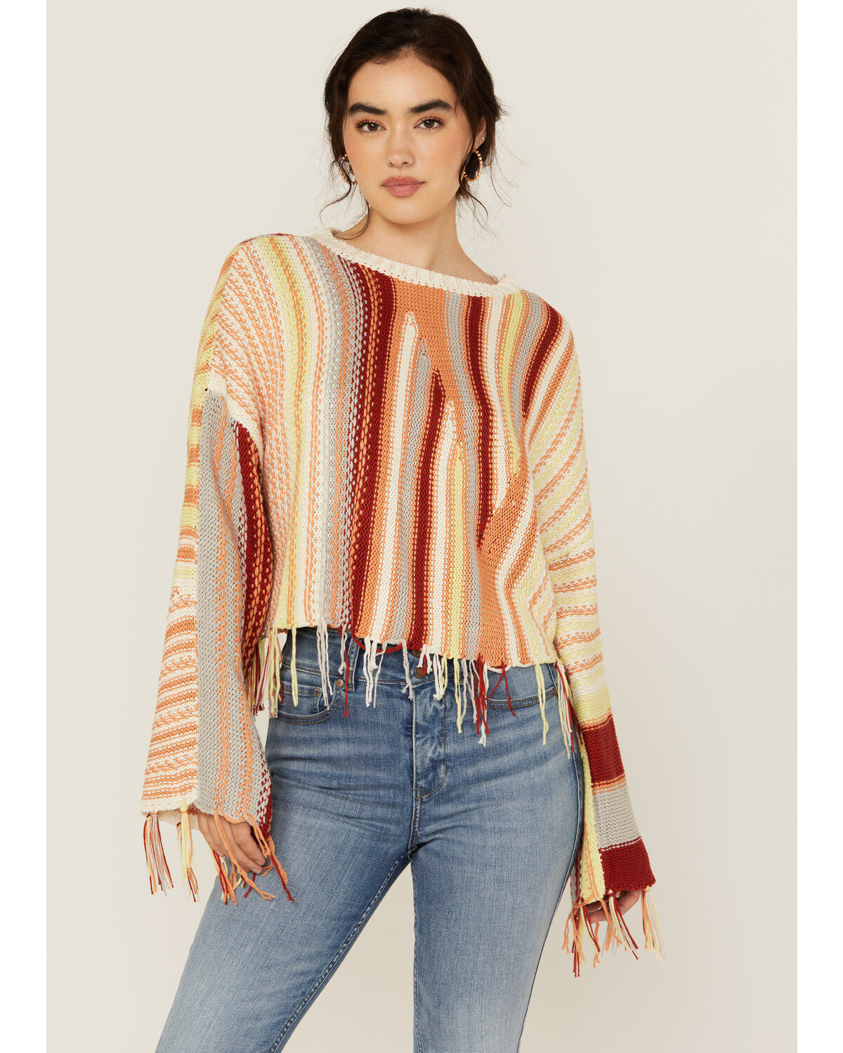Image #1 - Rock & Roll Denim Women's Striped Print Sweater, Orange, hi-res