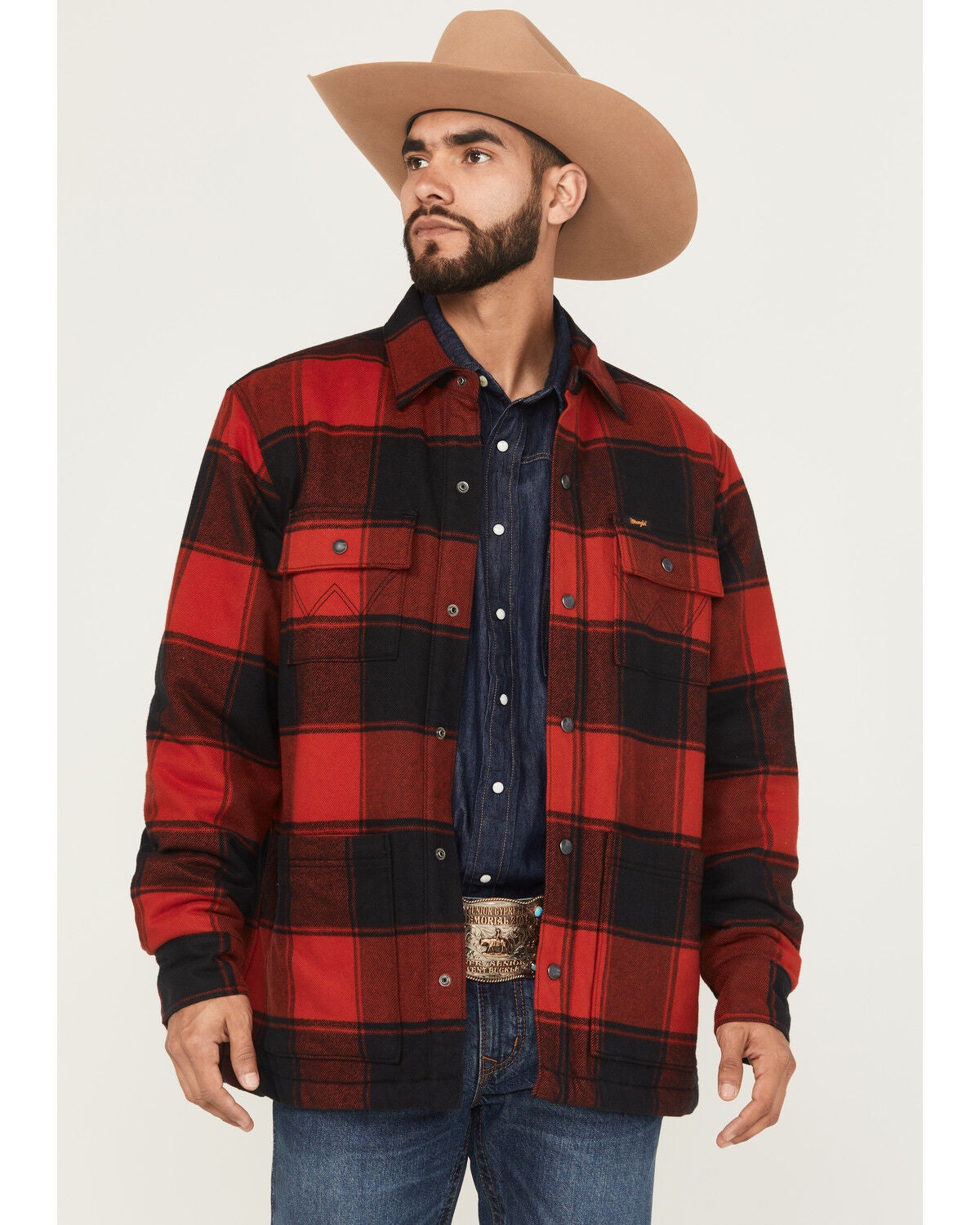 Image #1 - Wrangler Men's Plaid Print Long Sleeve Snap Sherpa Lined Shirt Jacket, Red, hi-res