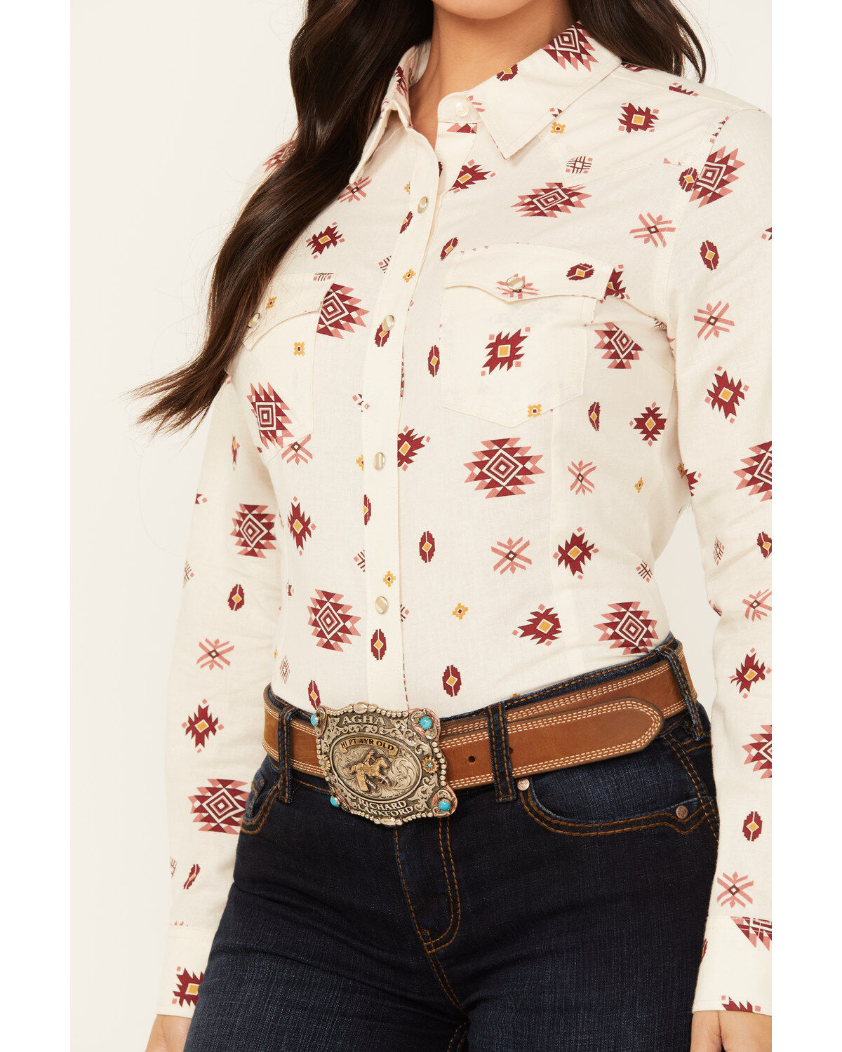 Image #3 - Wrangler Women's Boot Barn Exclusive Southwestern Print Long Sleeve Snap Flannel Shirt, White, hi-res