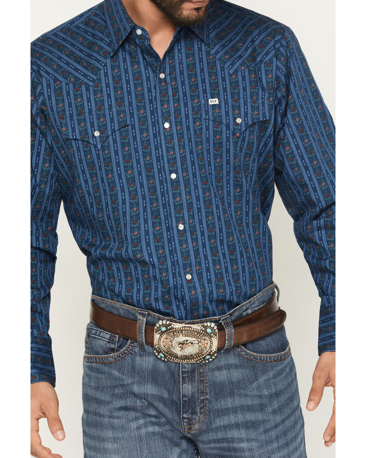 Image #3 - Ely Walker Men's Wallpaper Floral Stripe Print Long Sleeve Snap Western Shirt, Navy, hi-res