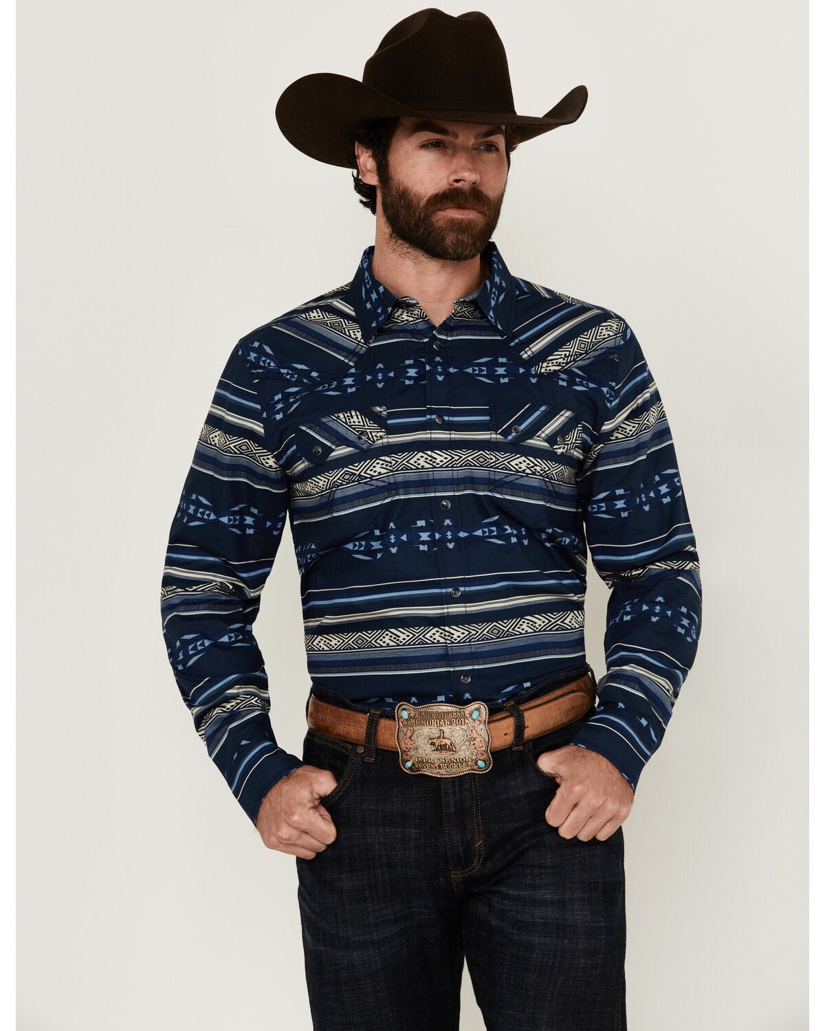 Cody James Men's Distance Southwestern Striped Long Sleeve Snap Western Shirt, Navy, hi-res