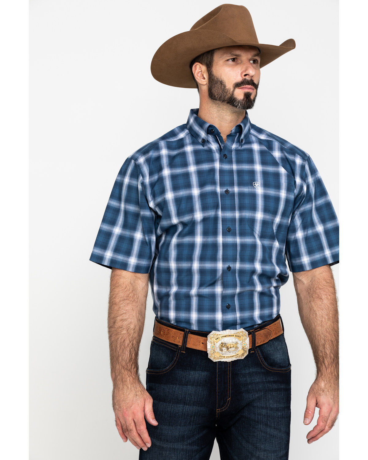 Image #1 - Ariat Men's Lakewood Large Plaid Short Sleeve Western Shirt - Big , Dark Blue, hi-res