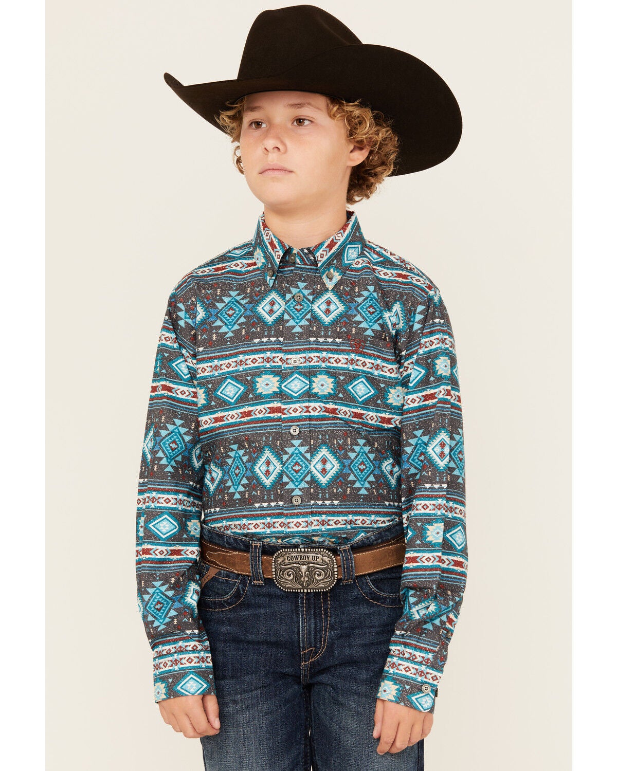 Ariat Boys' Classic Southwestern Striped Long Sleeve Button-Down Western Shirt, Teal, hi-res