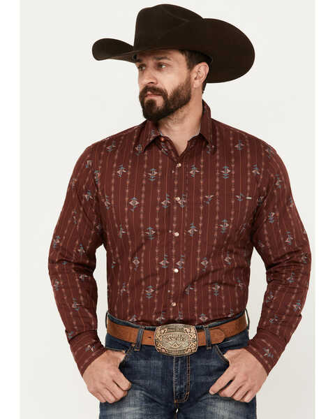 Tin Haul Men's Arrowhead Long Sleeve Western Snap Shirt, Wine, hi-res