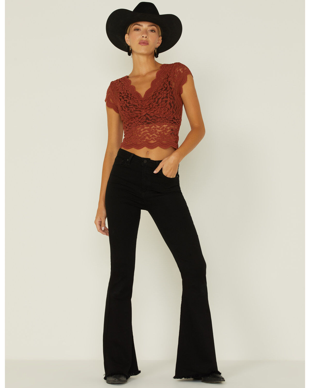 Image #4 - Shyanne Women's Lace Knit Flutter Sleeve Crop Top, Brandy Brown, hi-res