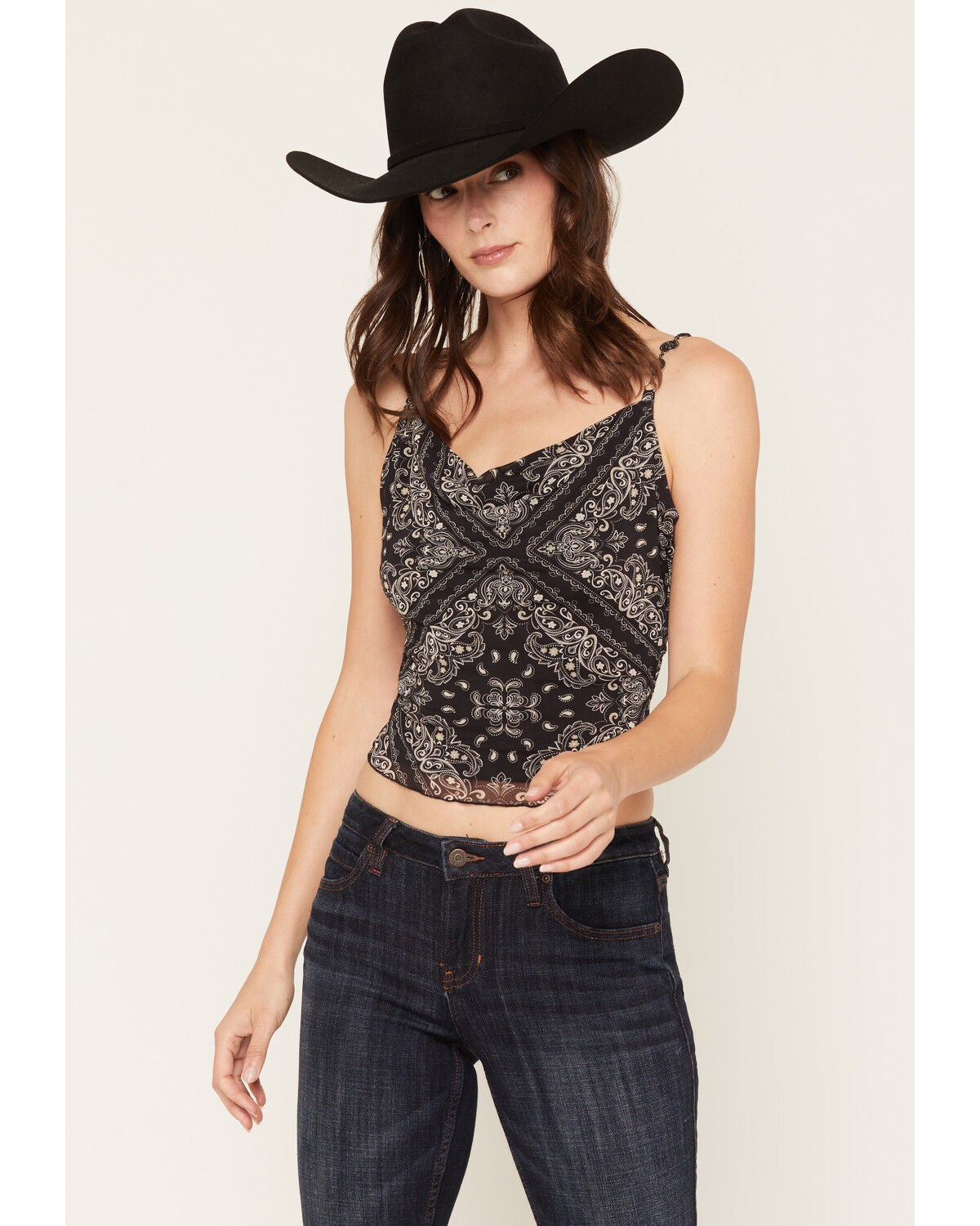 Image #1 - Idyllwind Women's Cowl Neck Cropped Tank, Black, hi-res