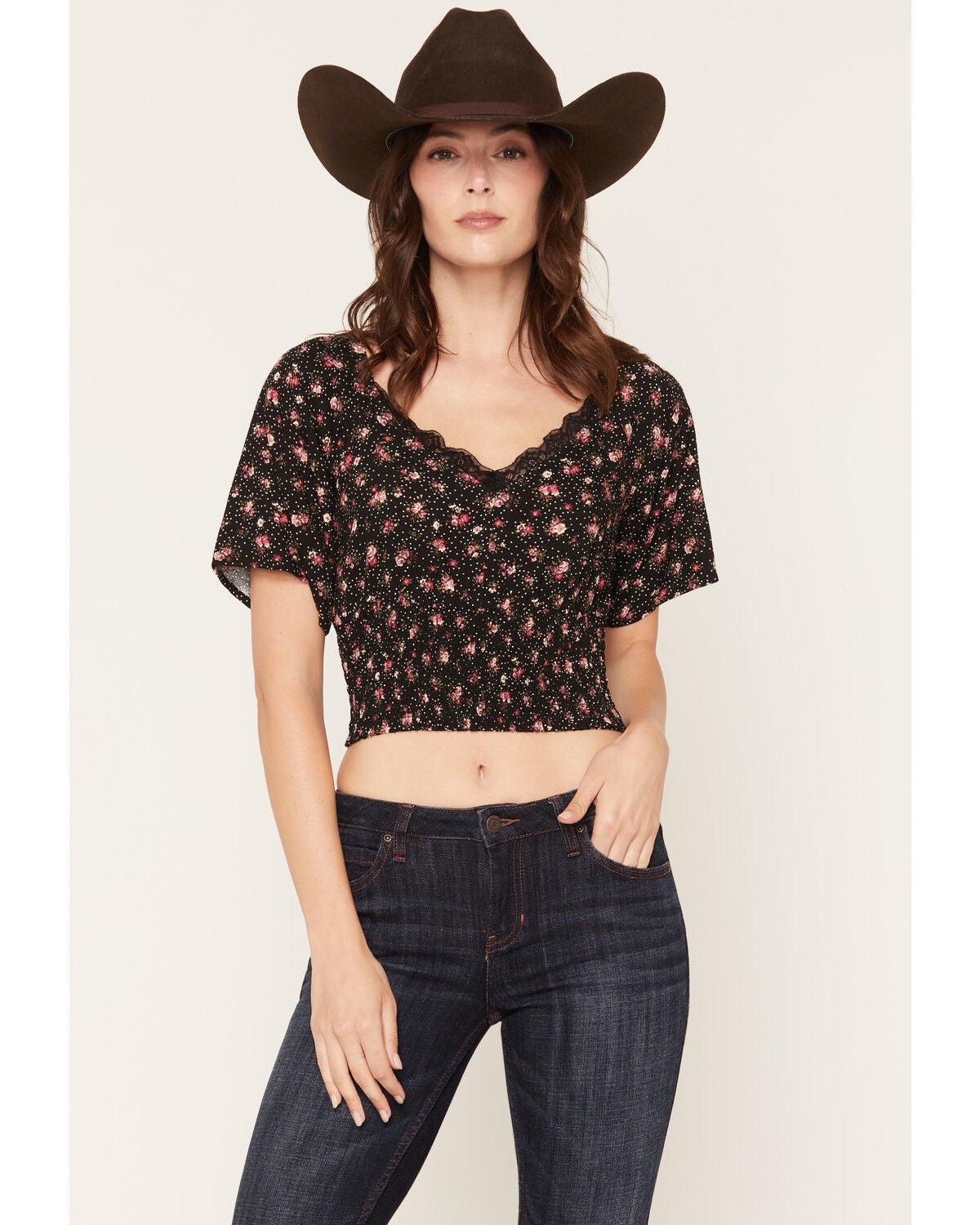 Idyllwind Women's Laredo Floral Print Cropped Blouse, Black, hi-res