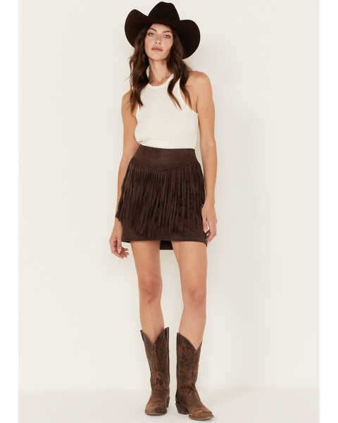 Ariat Women's Monument Valley Faux Suede Fringe Skirt, Brown, hi-res