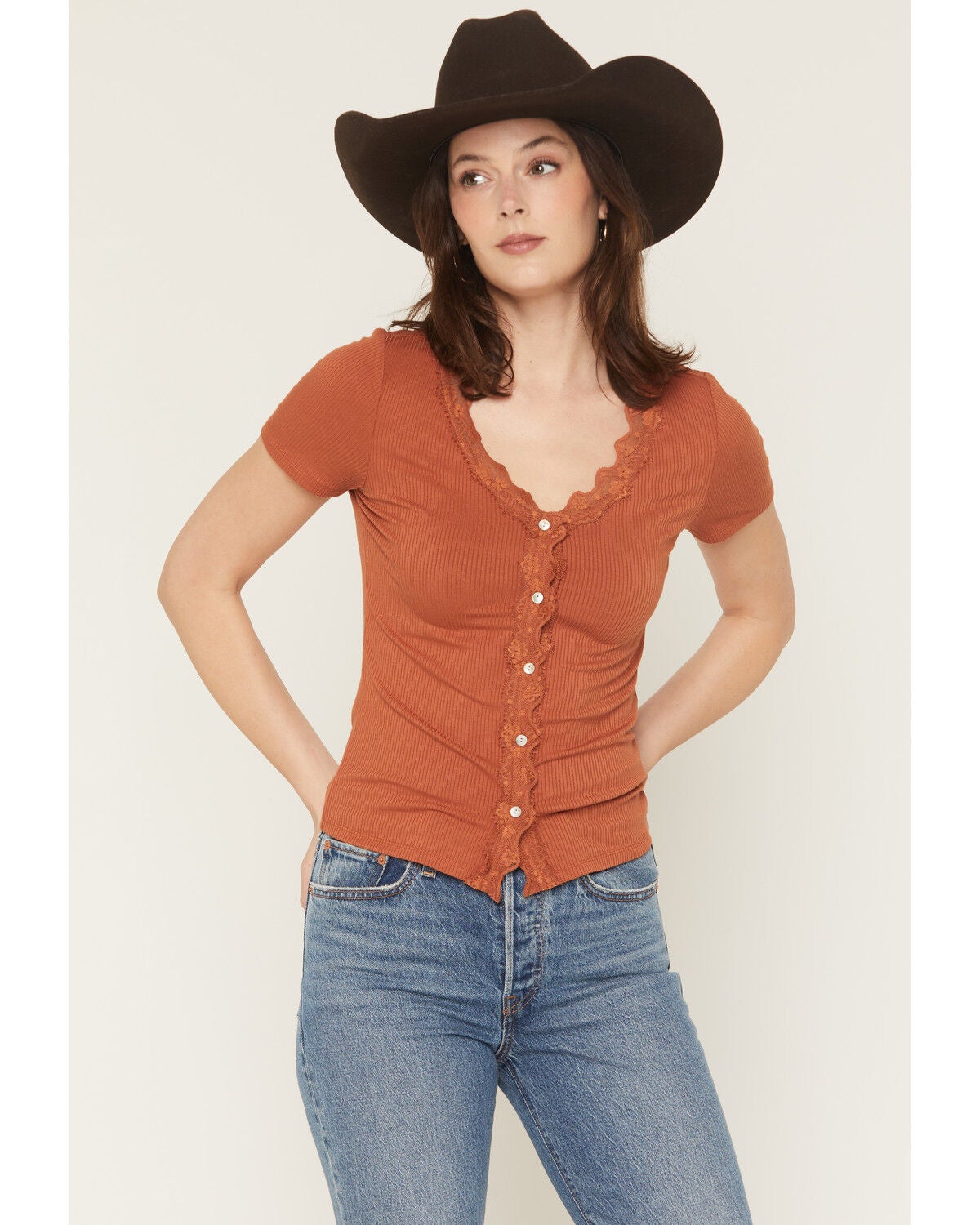 Blue Life Women's Sunny Lace Button-Up Top, Rust Copper, hi-res