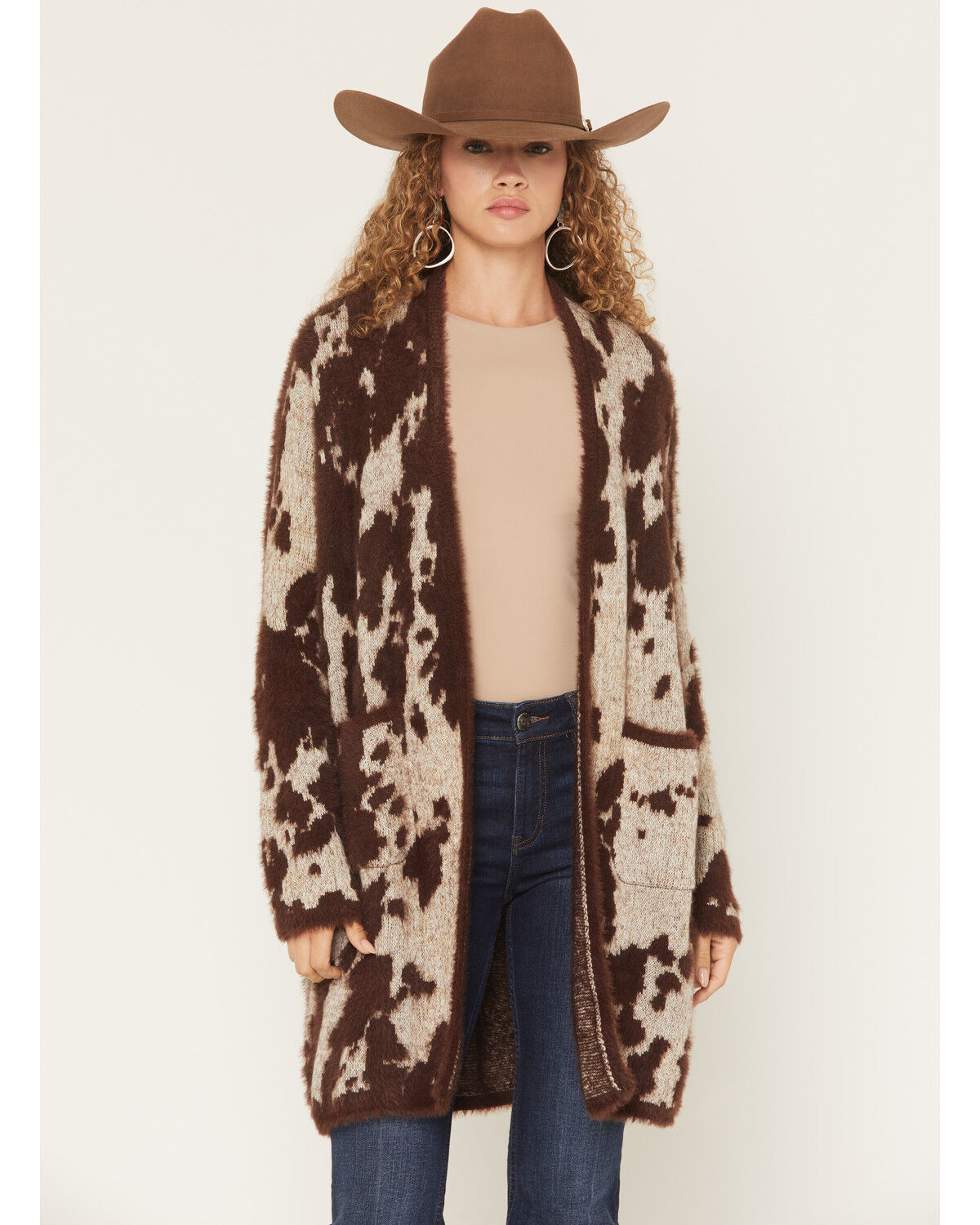 Shyanne Women's Cow Print Eyelash Knit Cardigan, Cream, hi-res