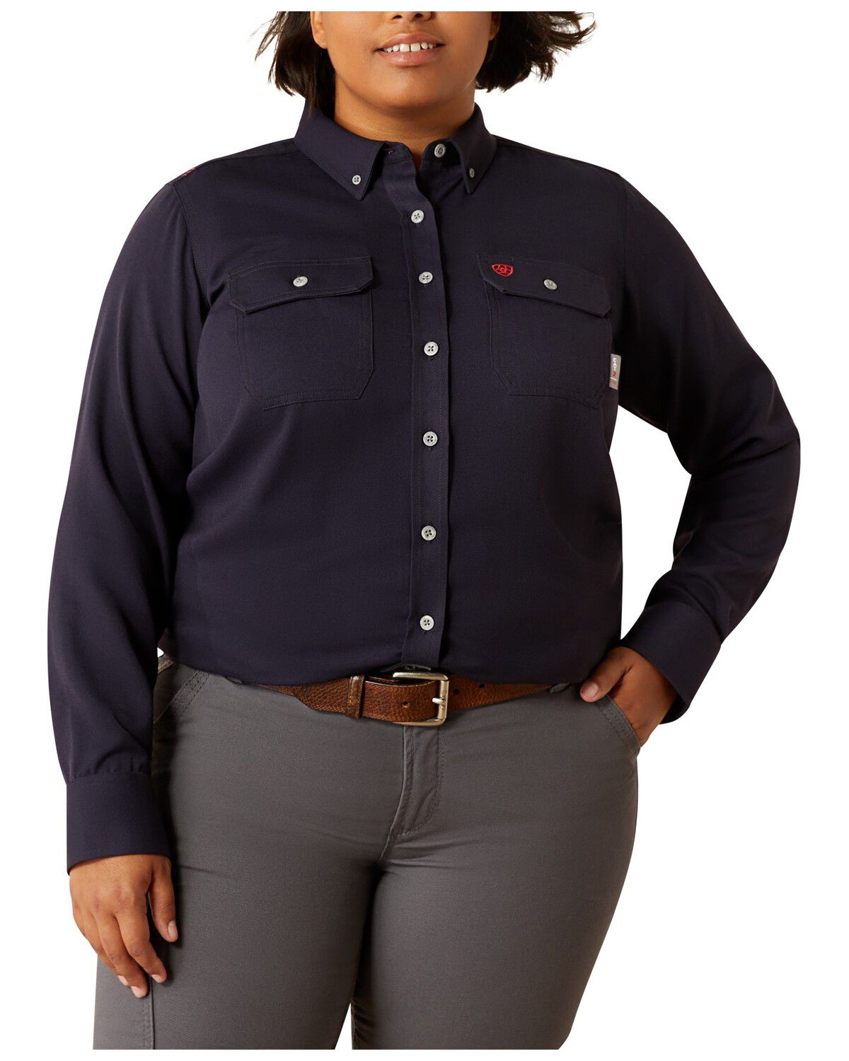 Image #1 - Ariat Women's FR Inherent Long Sleeve Button-Down Work Shirt - Plus, Navy, hi-res