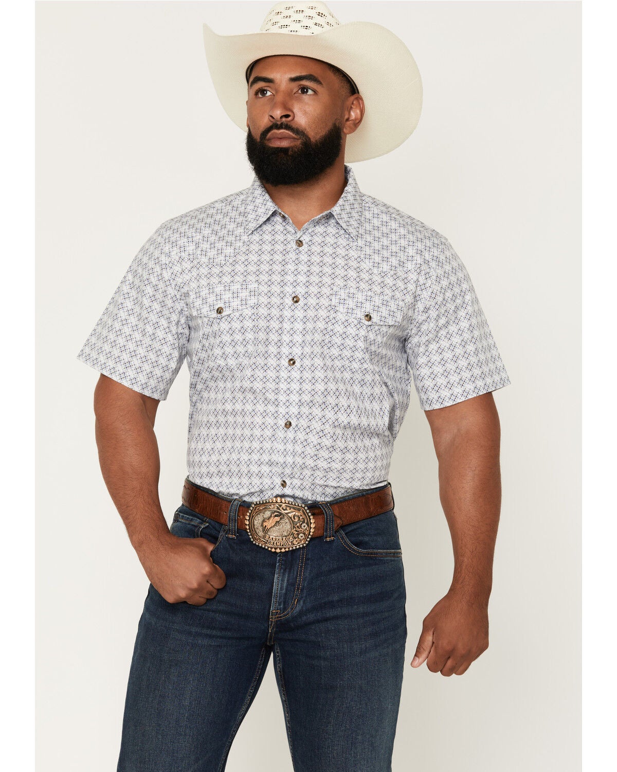 Image #1 - Cody James Men's Vibe Check Geo Print Short Sleeve Snap Western Shirt - Tall, White, hi-res