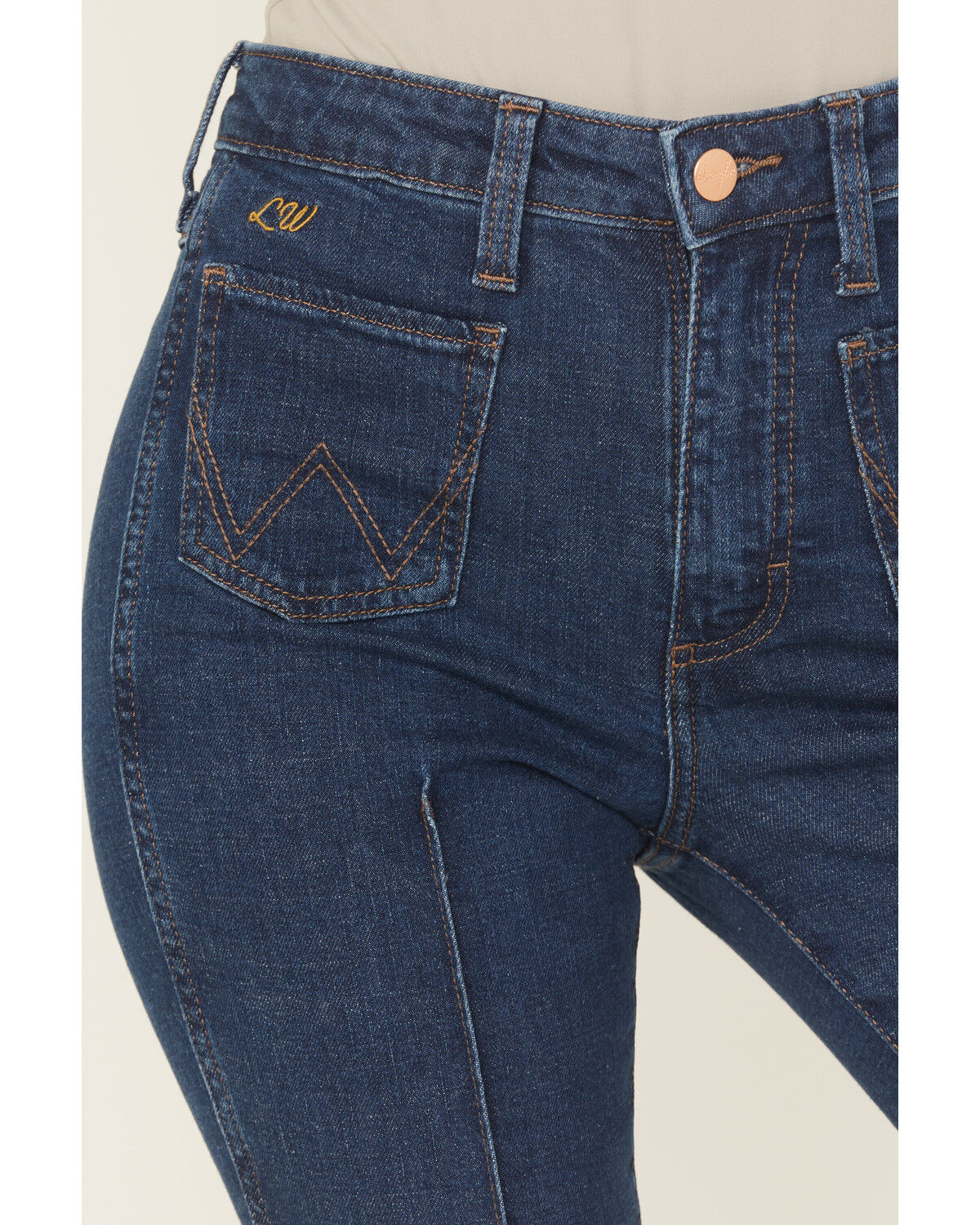 Image #2 - Wrangler X Lainey Wilson Women's Dark Wash High Rise Moonlight Bare Back Pintuck Flare Stretch Denim Jeans, Dark Wash, hi-res